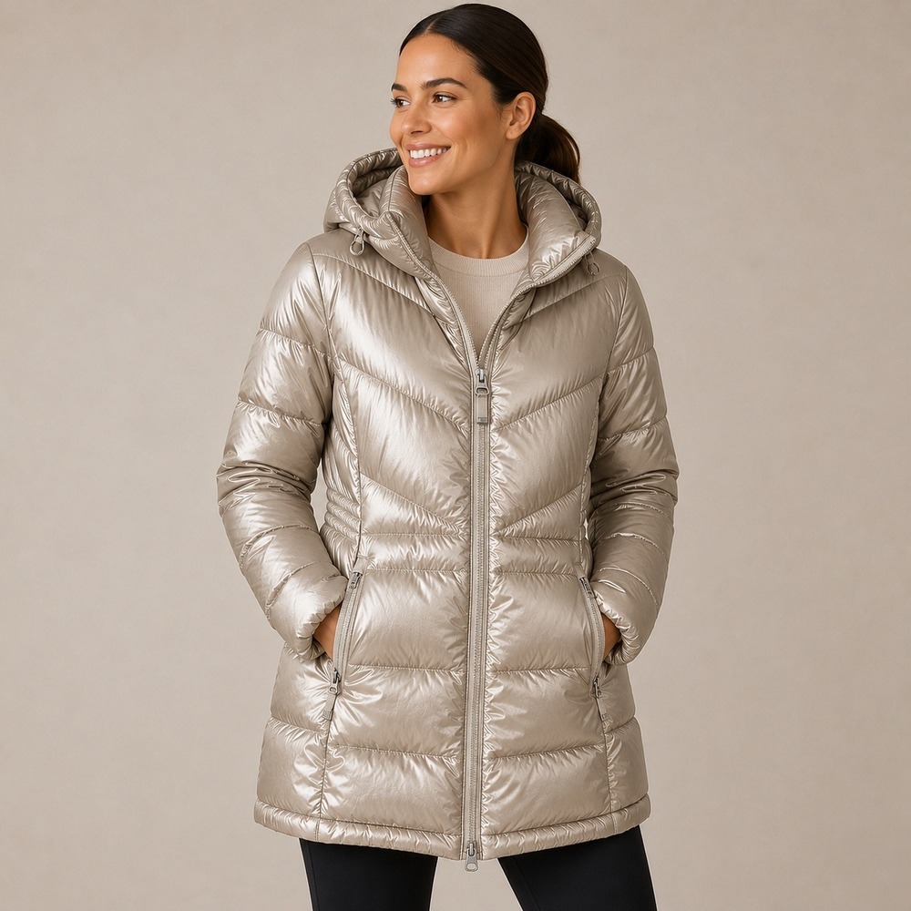 Athleta Light Weight Long Hooded Puffer Coat Down Fill Shimmer Cream Chevron MD
